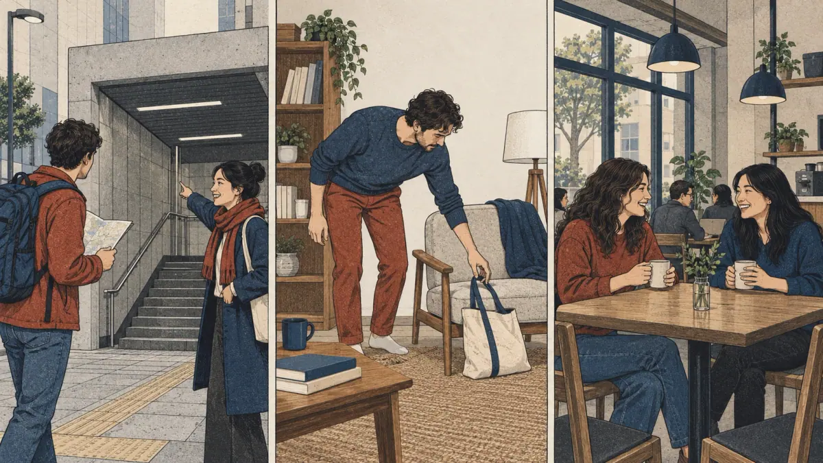 Three panels show finding a subway station, locating a bag, and meeting friends at a cafe.