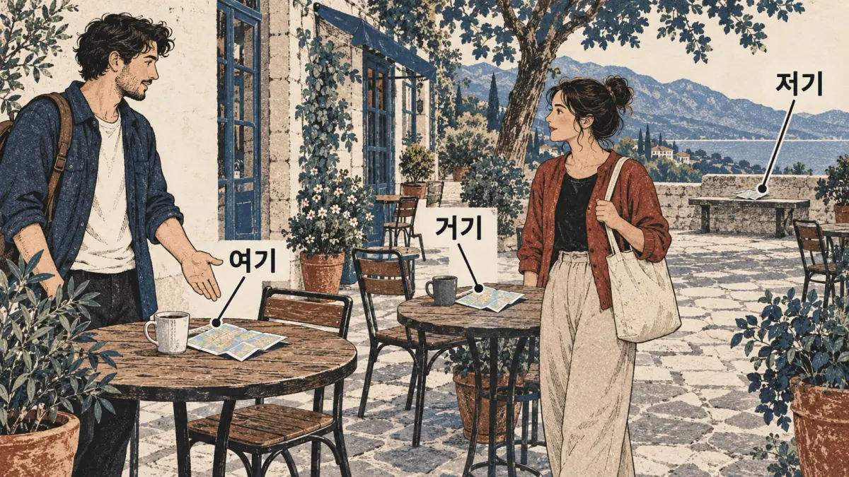 Courtyard maps labelled 여기, 거기, 저기 show locations near the speaker, near the listener and far from both.