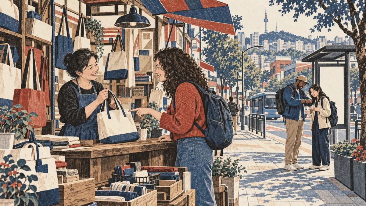 A shopper asks about a canvas bag while travelers check a watch at a Seoul bus stop.