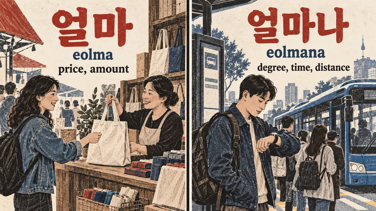 Shop and bus scenes: 얼마 (eolma) asks price; 얼마나 (eolmana) asks degree, time and distance.