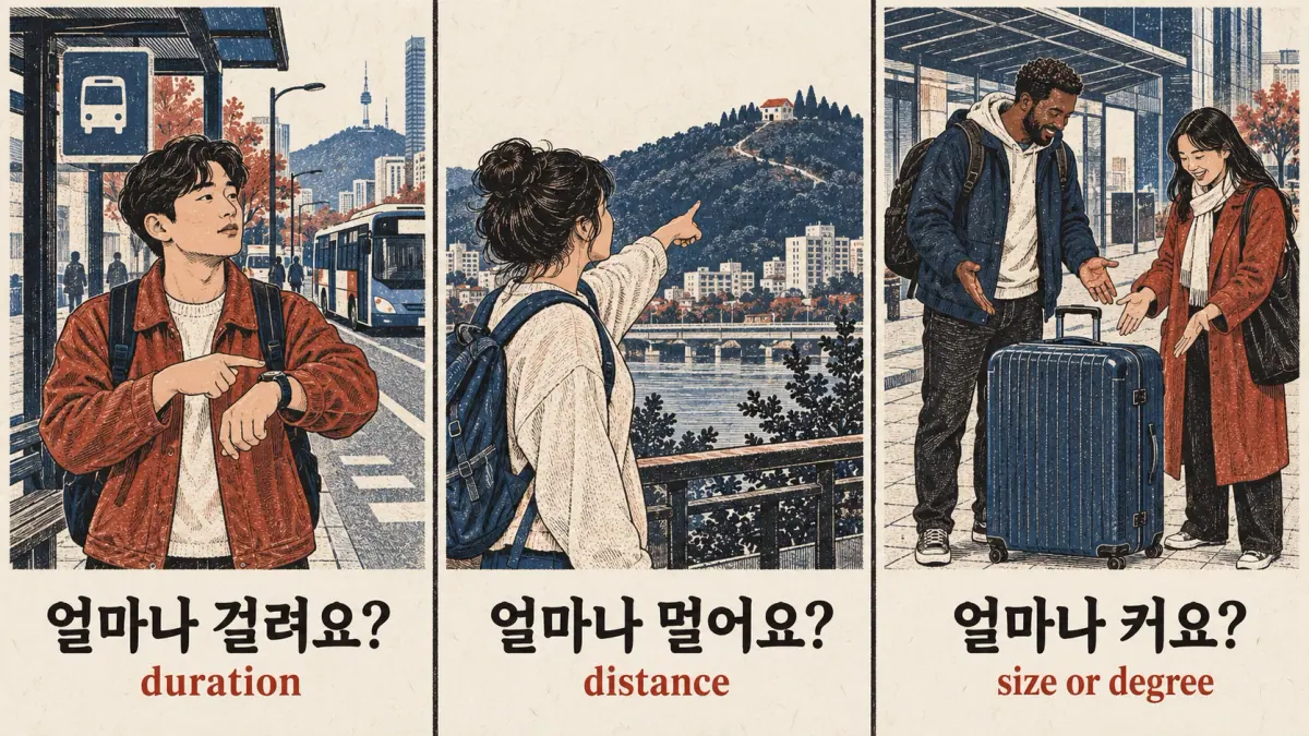 Travel scenes show 얼마나 걸려요?, 얼마나 멀어요? and 얼마나 커요?: duration, distance and size.