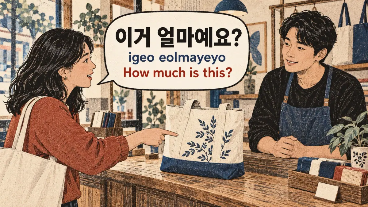 Shopper points at a bag: 이거 얼마예요? (igeo eolmayeyo), How much is this?
