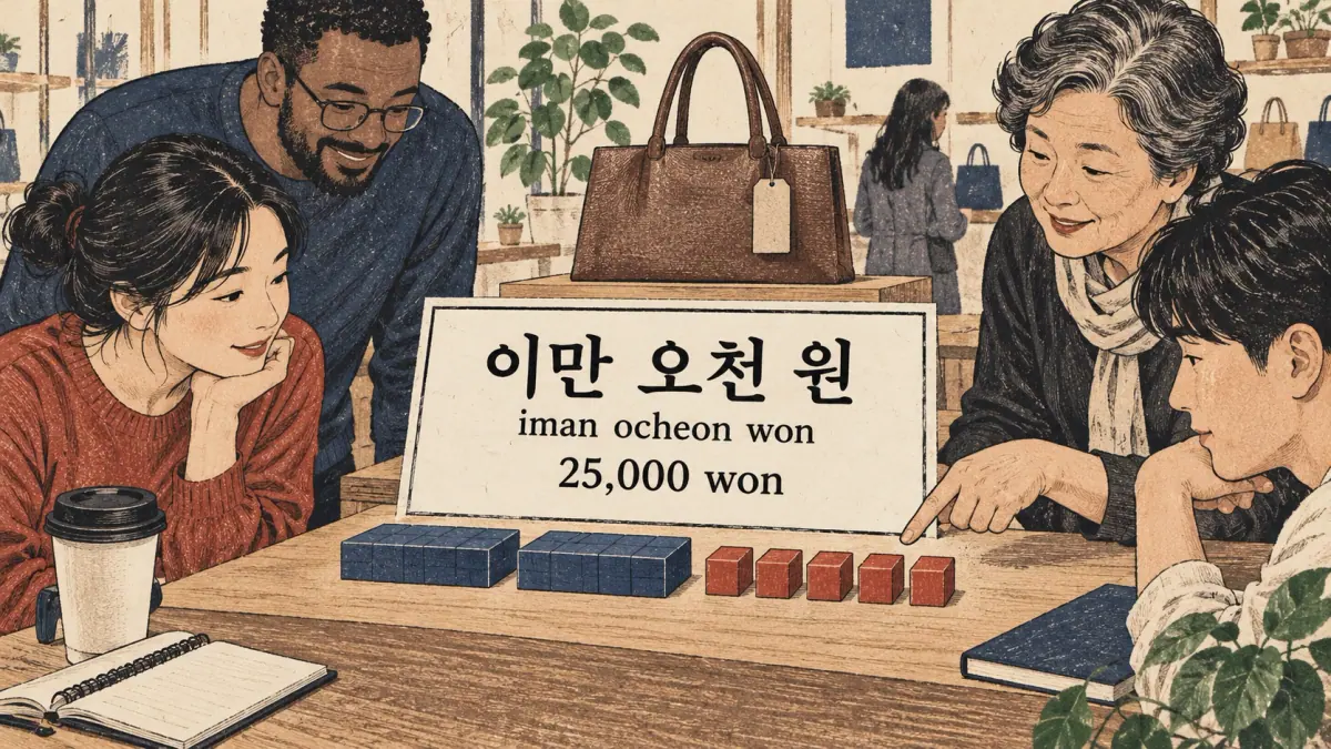 Learners read 이만 오천 원 (iman ocheon won), 25,000 won, using two ten-thousand groups and five thousand blocks.