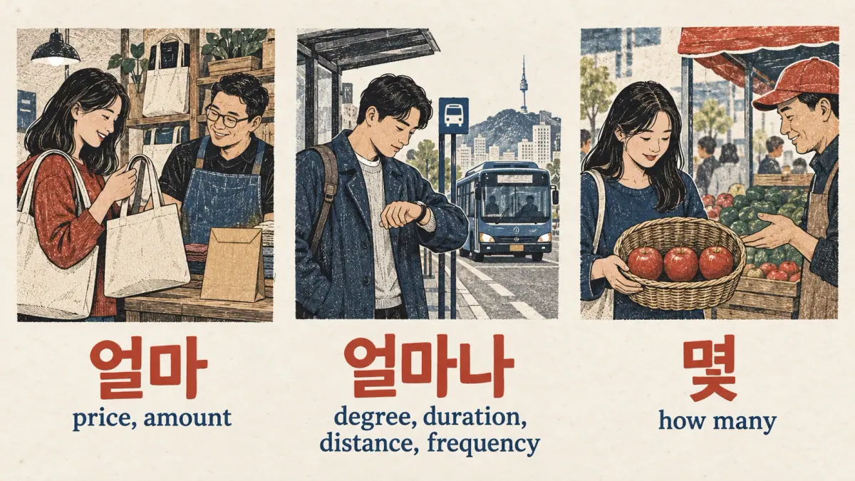 A bag purchase, bus wait and three apples compare 얼마 for price, 얼마나 for degree and 몇 for how many.