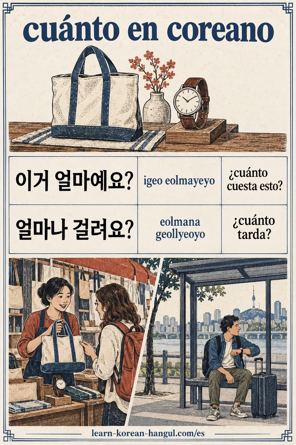 Mercado y autobús comparan 이거 얼마예요? (igeo eolmayeyo) y 얼마나 걸려요? (eolmana geollyeoyo), precio y duración.