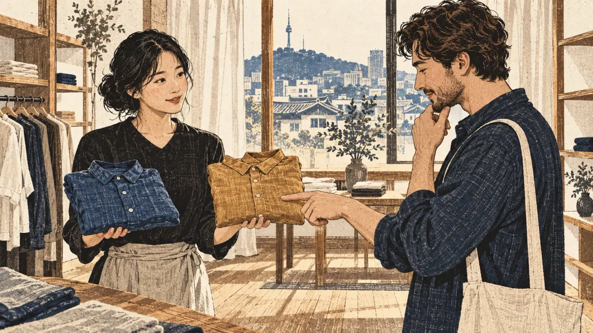 A learner selects one of two shirts offered in a Seoul boutique.