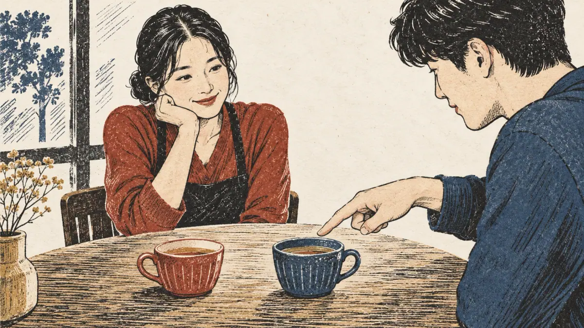 A learner points to one of two cups on a café table.