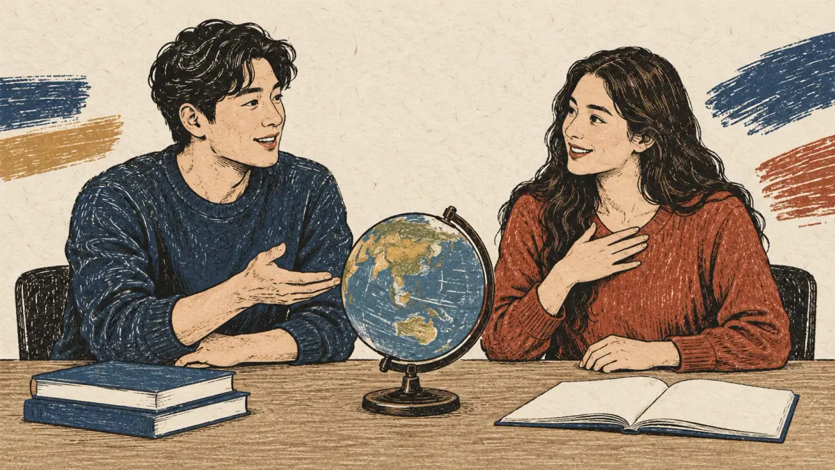 Two adult classmates introduce themselves beside an unlabelled globe.