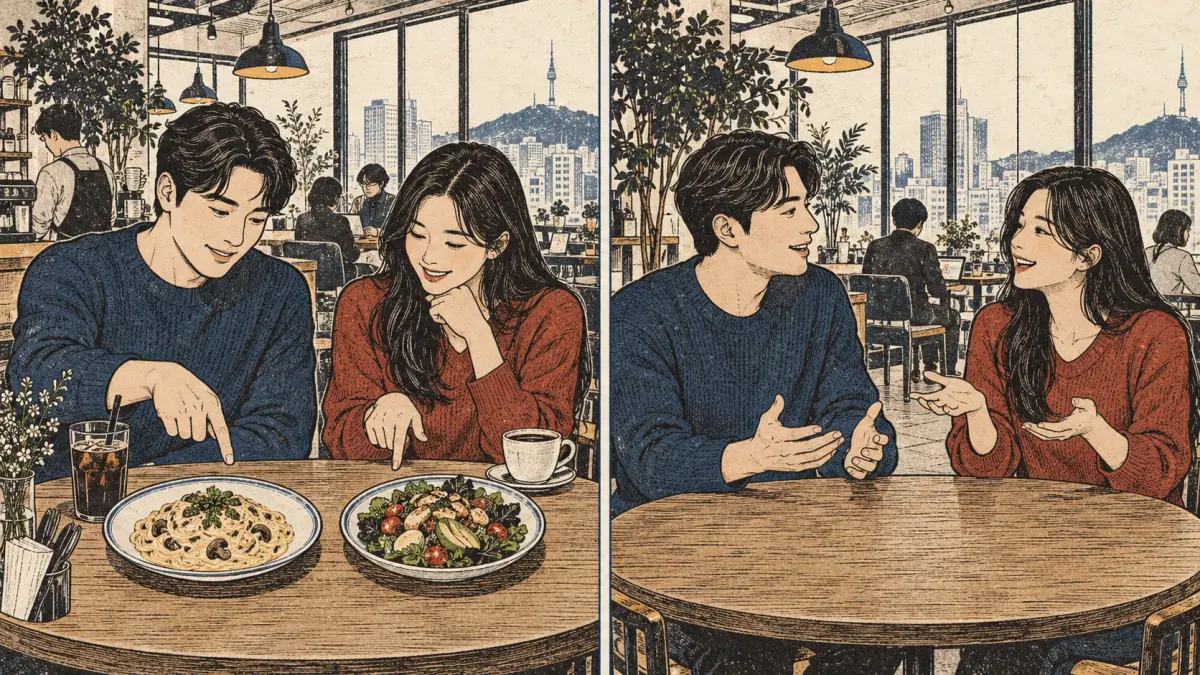 Two café scenes contrast choosing between dishes with discussing general food preferences.