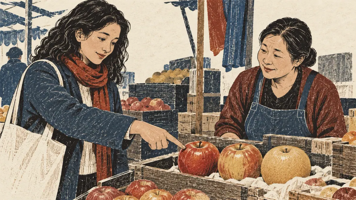 A customer answers a choice by pointing to one fruit on a market counter.