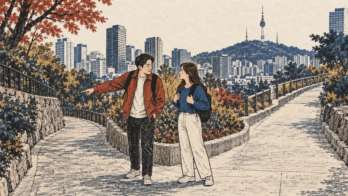 A Seoul resident points out one of two paths to a visiting learner.