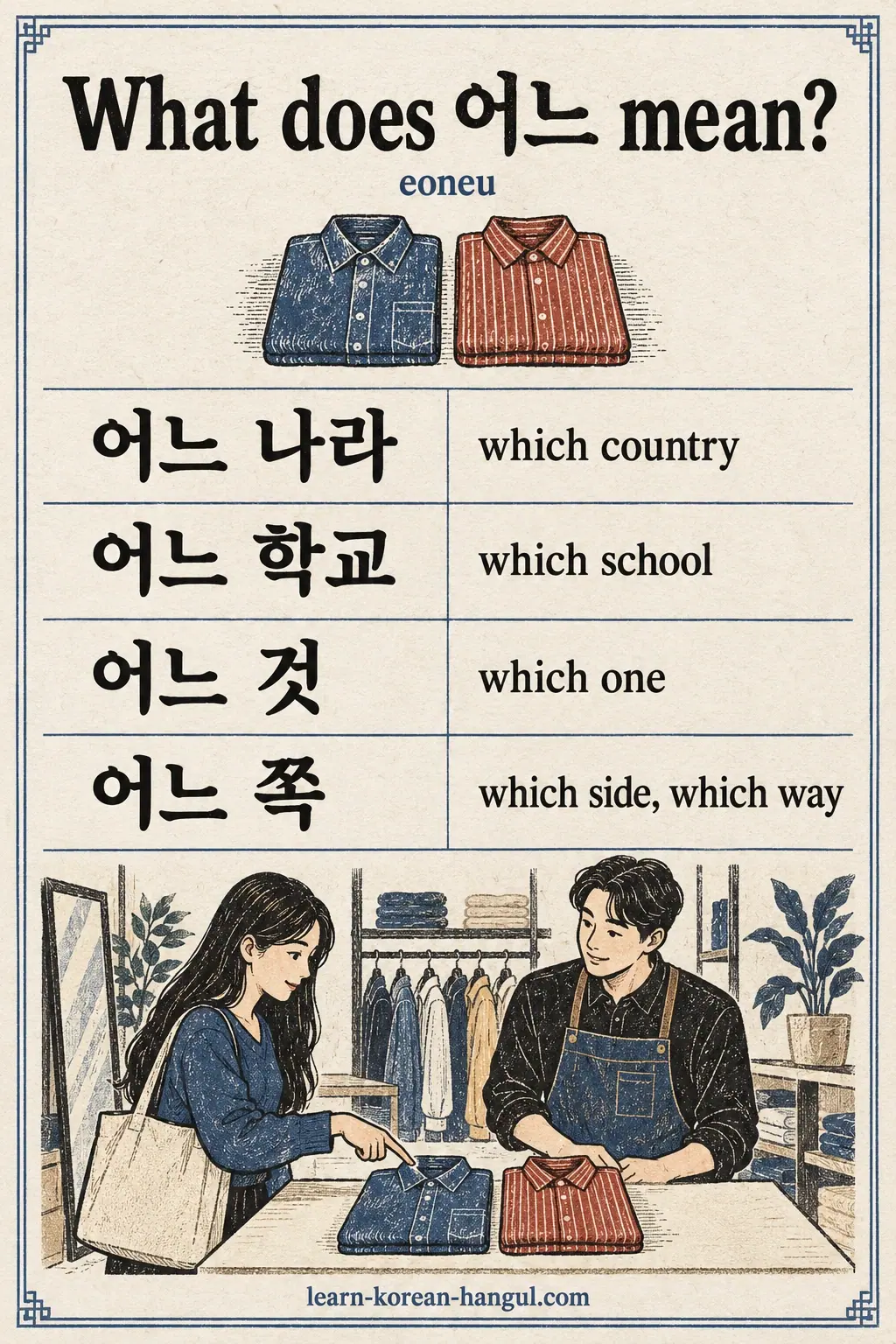 어느 (eoneu) with 어느 나라, 어느 학교, 어느 것 and 어느 쪽, plus English meanings.