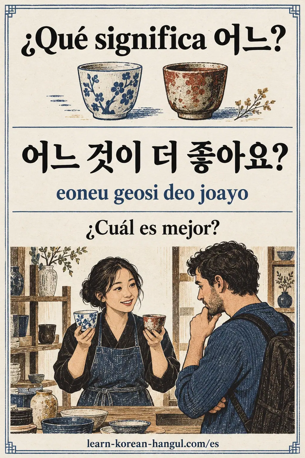 어느 것이 더 좋아요? (eoneu geosi deo joayo), «¿Cuál es mejor?», sobre dos tazas para elegir.