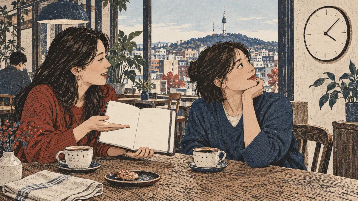 Friends arrange a meeting with a blank planner and wall clock in a Seoul café.