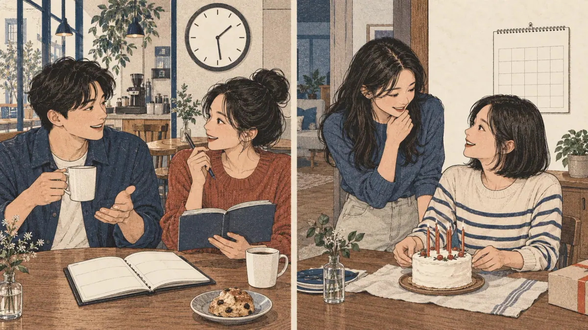 Friends plan a café meeting and discuss a birthday in two everyday scenes.
