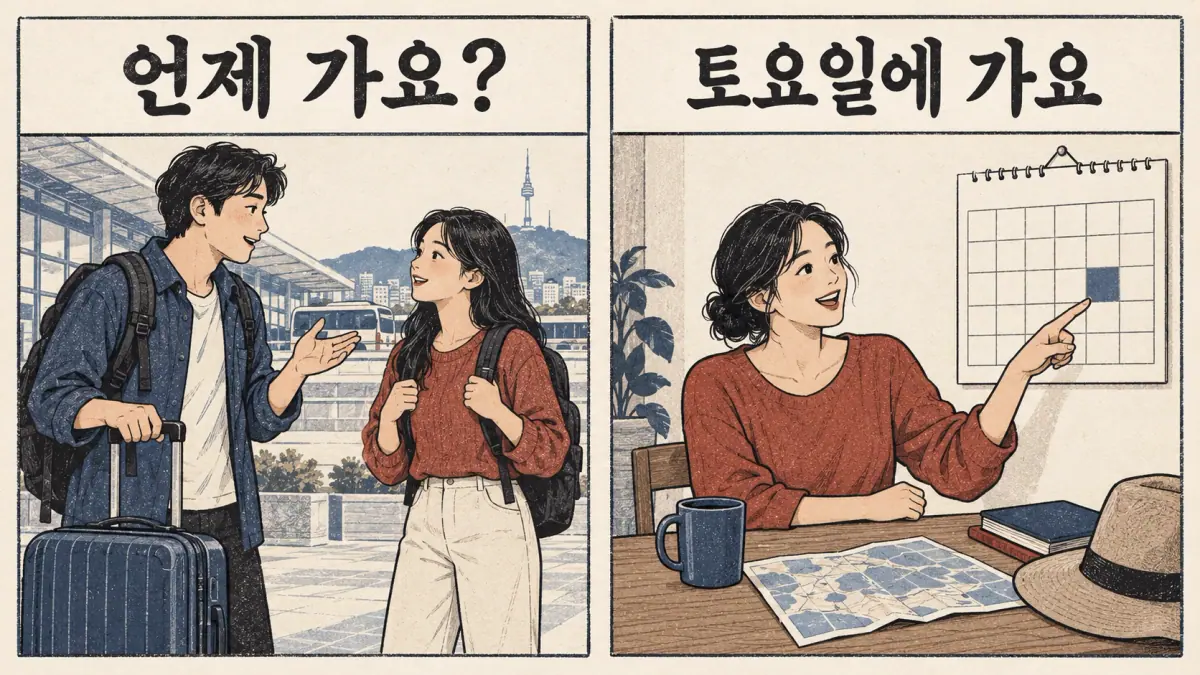 Question 언제 가요? contrasts with calendar answer 토요일에 가요.