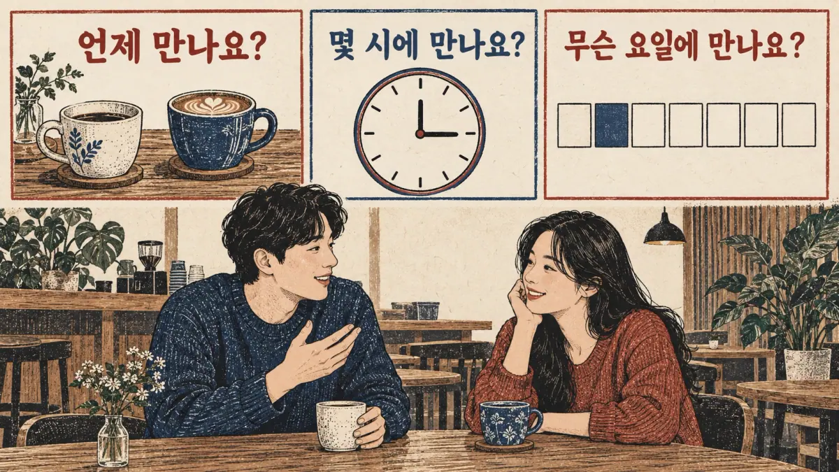 Illustrations compare 언제 만나요?, 몇 시에 만나요? and 무슨 요일에 만나요? for a time, hour and weekday.
