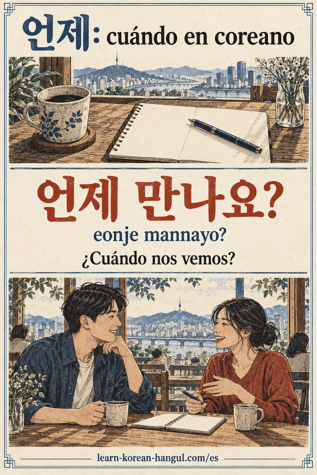 Amigos organizan un encuentro bajo 언제 만나요?, eonje mannayo?, ¿Cuándo nos vemos?