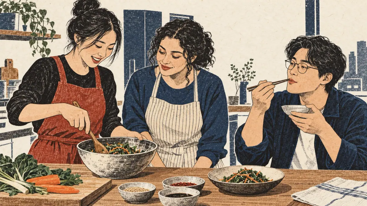A cook explains a preparation method while another learner tastes and evaluates the food.