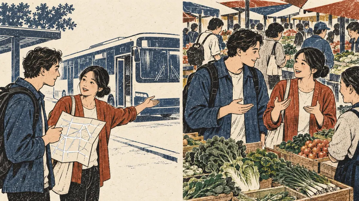 A bus route and a market visit contrast asking how to get there with asking for an impression.