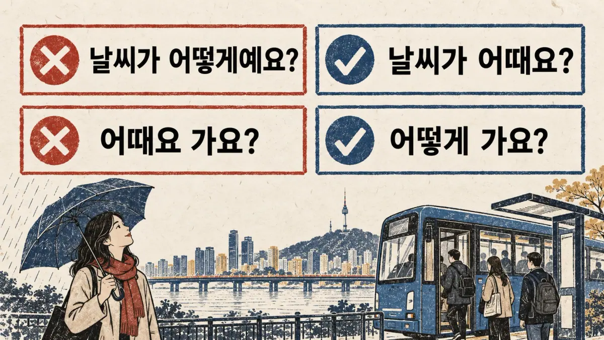 Correct 날씨가 어떻게예요? to 날씨가 어때요?, and 어때요 가요? to 어떻게 가요?.