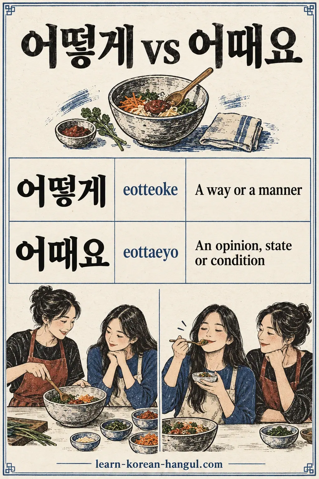 어떻게 (eotteoke) asks for a method; 어때요 (eottaeyo) asks for opinion, state or condition.