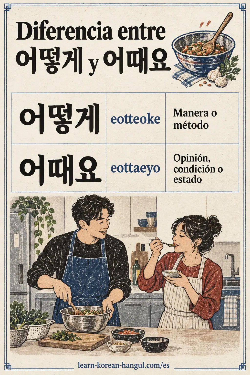 어떻게 (eotteoke), «Manera o método», frente a 어때요 (eottaeyo), «Opinión, condición o estado».