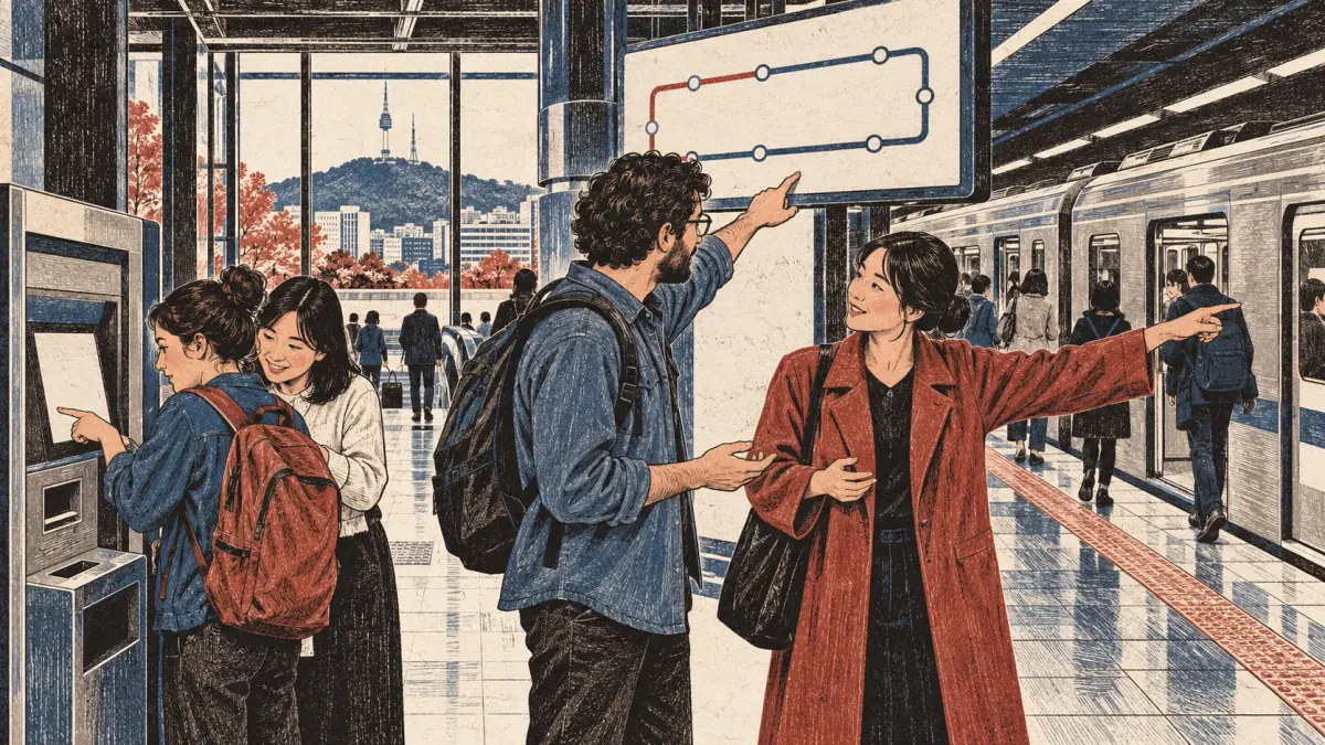 A traveler asks a Seoul commuter for a route while another learner gets help using an unmarked ticket machine.