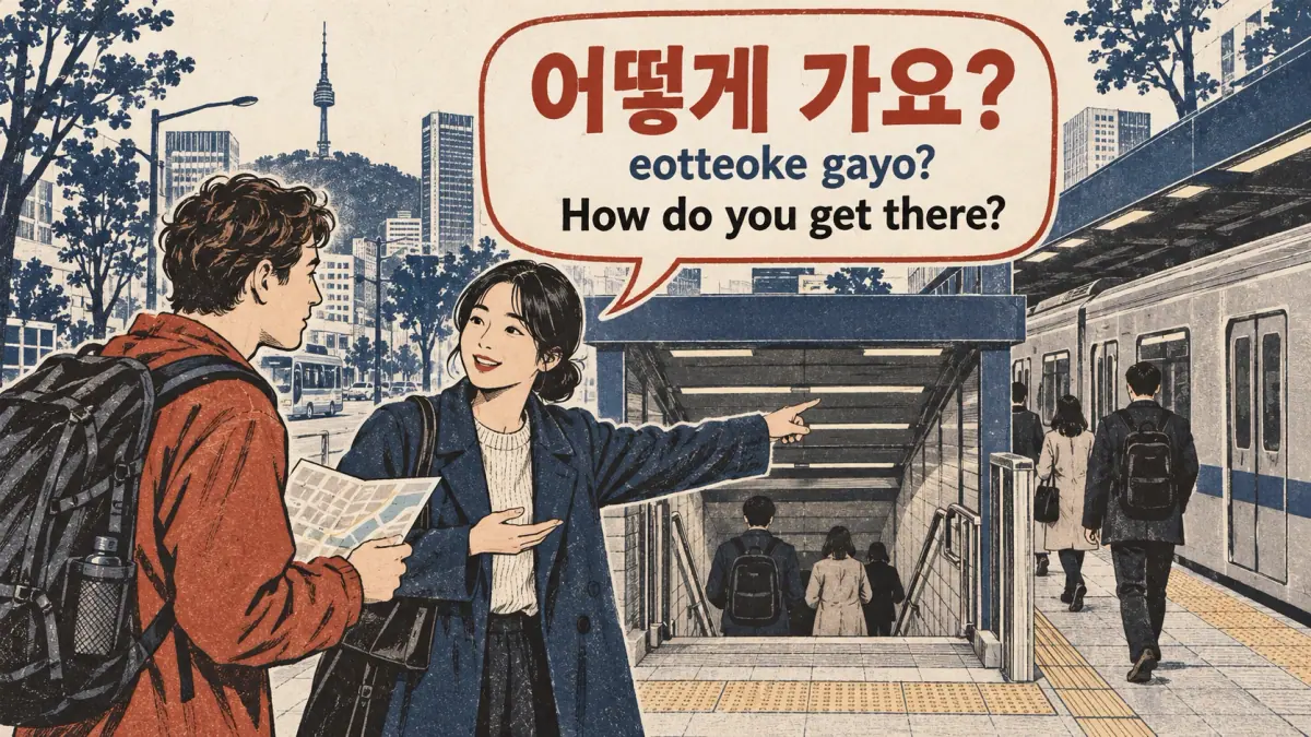 A subway traveler asks 어떻게 가요? (eotteoke gayo?), How do you get there?, beside a commuter pointing toward transit.