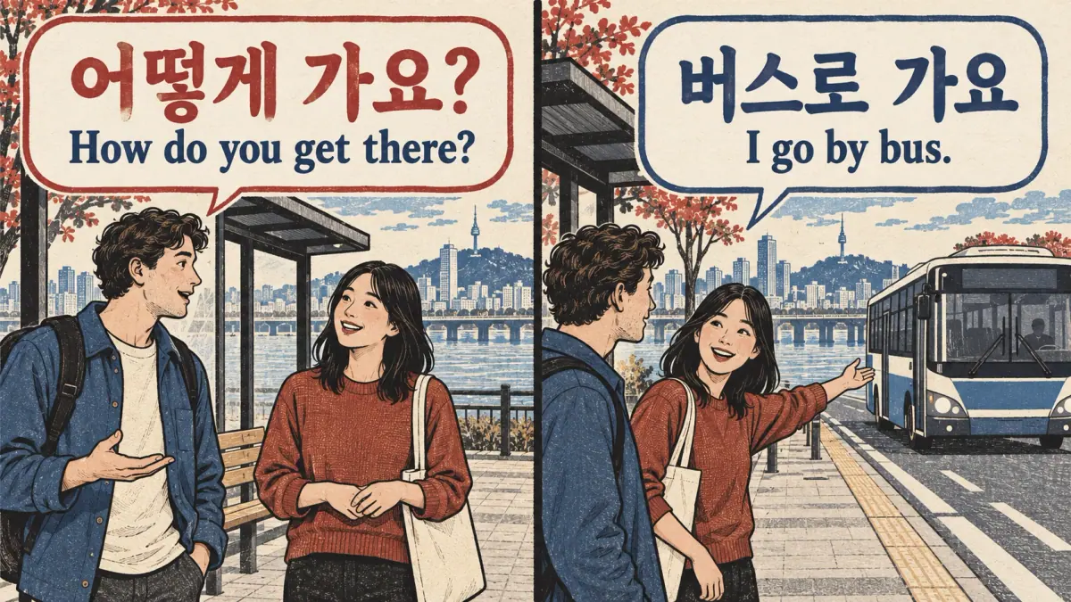 An exchange at a bus stop pairs 어떻게 가요?, How do you get there?, with 버스로 가요, I go by bus.