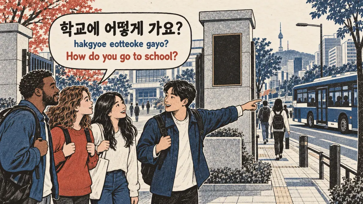 Students ask 학교에 어떻게 가요? (hakgyoe eotteoke gayo?), How do you go to school?, as a friend points to a bus.
