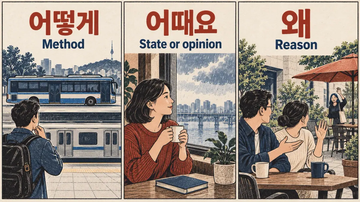 Transport, weather and meeting a friend illustrate 어떻게 for Method, 어때요 for State or opinion and 왜 for Reason.