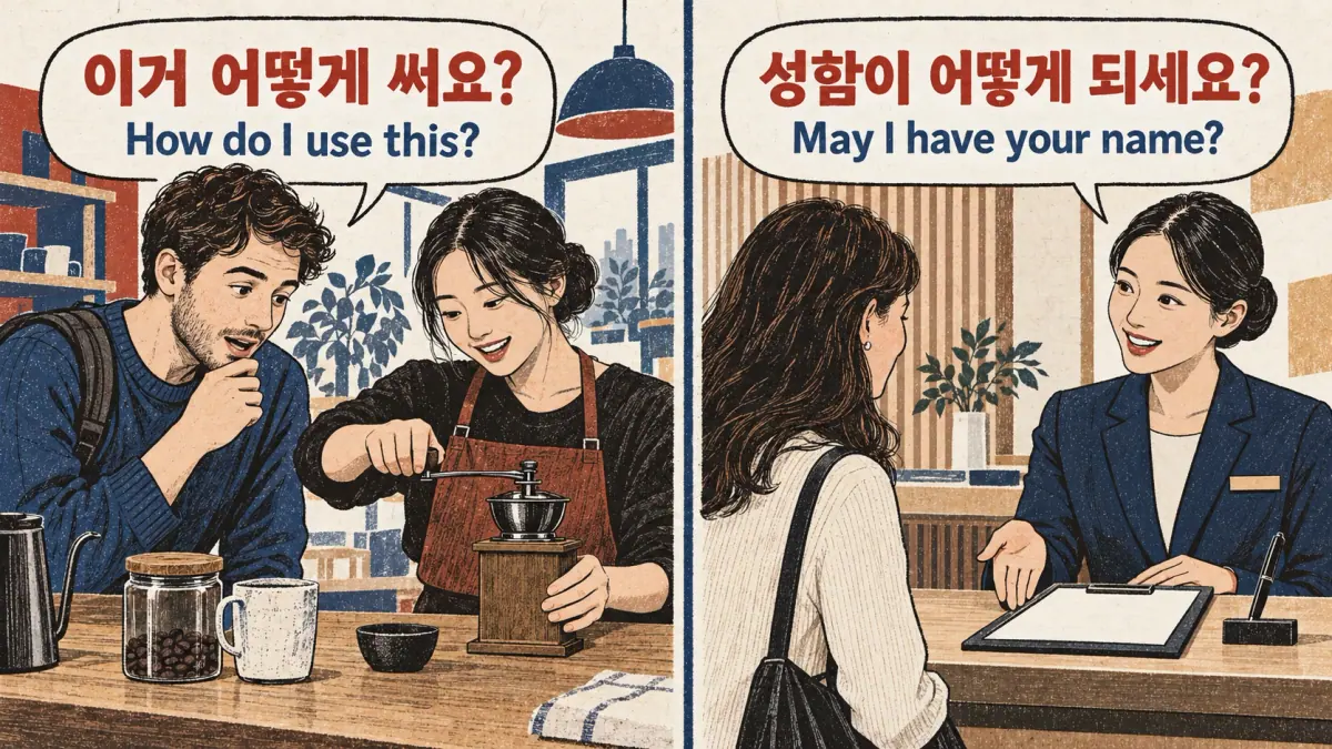 Scenes label 이거 어떻게 써요?, How do I use this?, and 성함이 어떻게 되세요?, May I have your name?, with blank grinder and form.