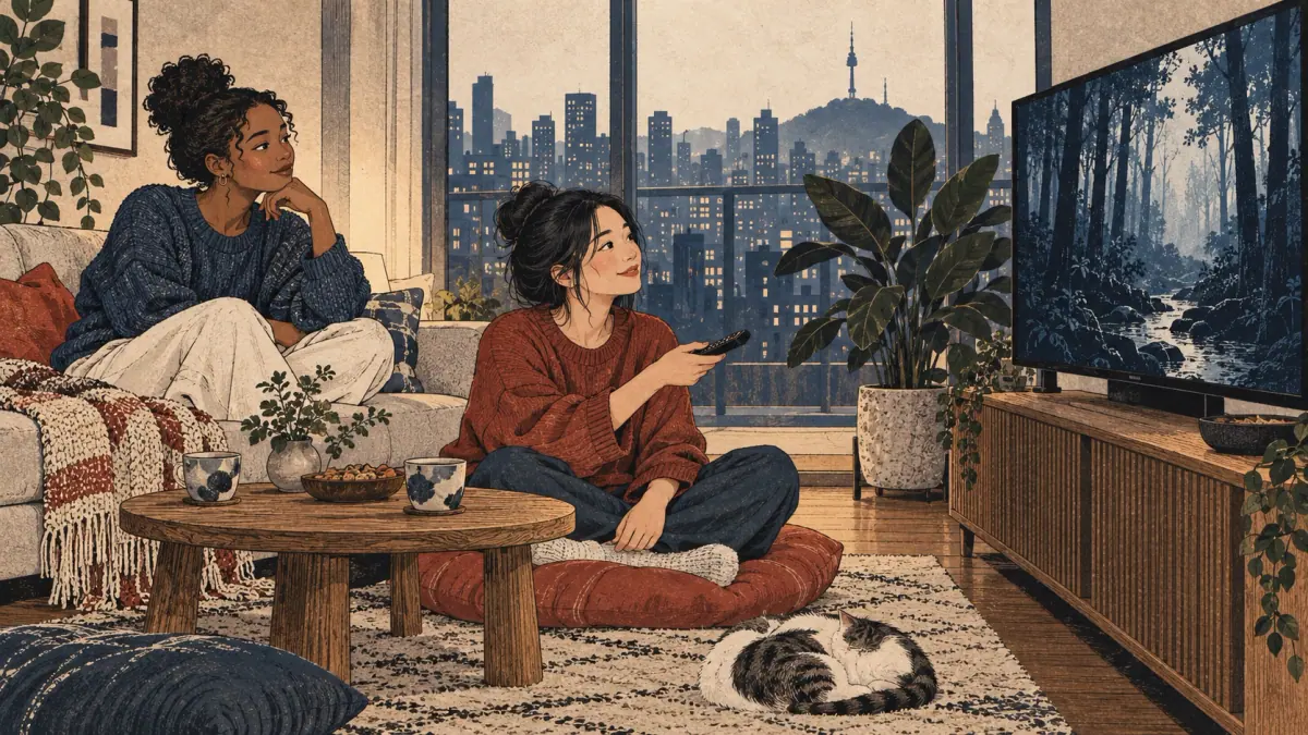 Friends discuss movie preferences in a Seoul apartment.