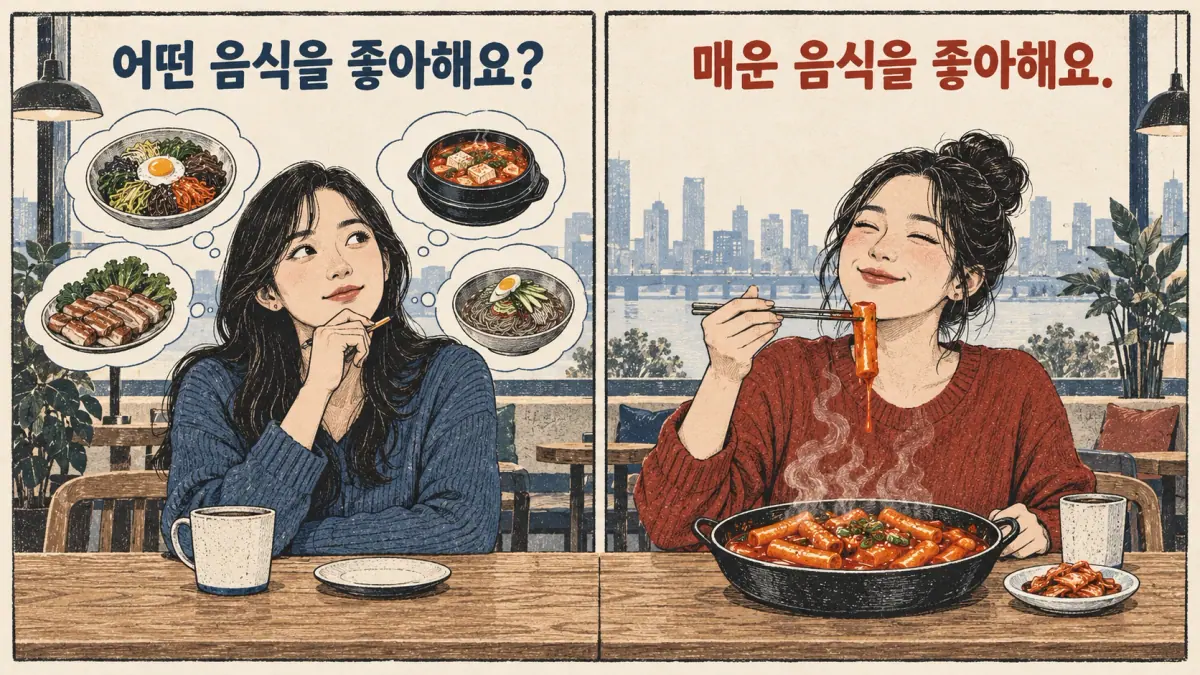 Two food scenes pair 어떤 음식을 좋아해요? with 매운 음식을 좋아해요.