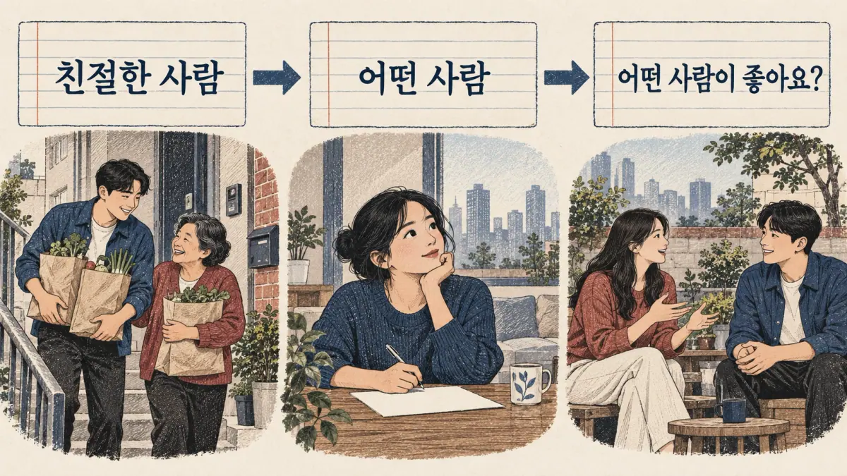 Cards replace 친절한 사람 with 어떤 사람 and ask 어떤 사람이 좋아요?.