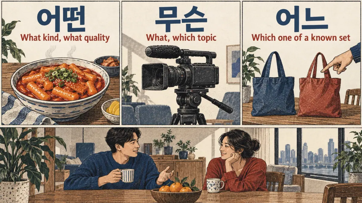 Food, film camera and bags compare 어떤 for kind, 무슨 for topic and 어느 for choosing one of a set.