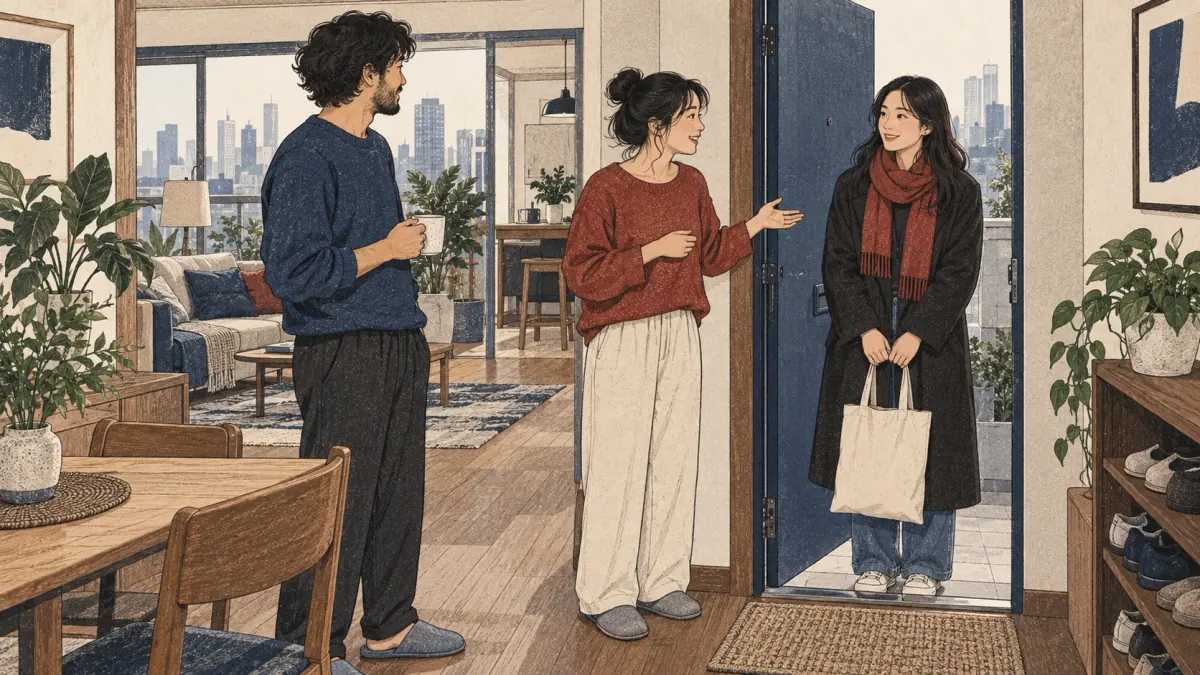 A resident tells a roommate about an unfamiliar visitor at their apartment door.