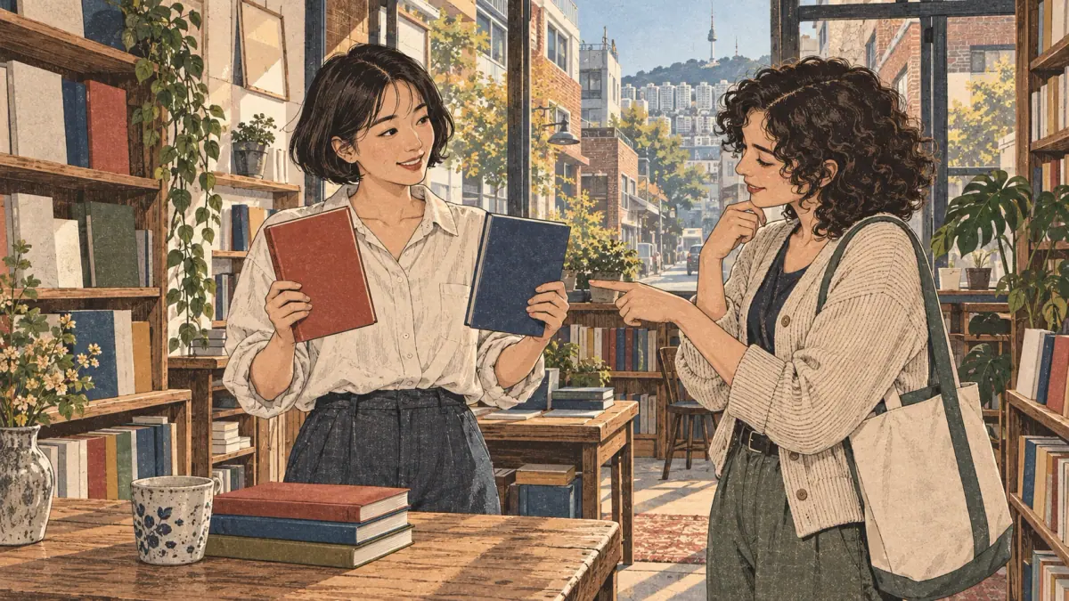 Two friends compare two books in a Seoul bookshop.
