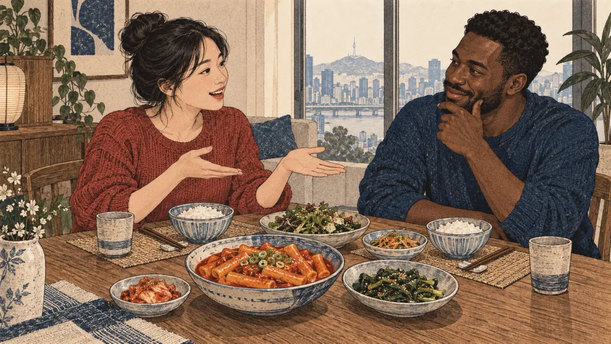 Friends discuss kinds of Korean food at an apartment dining table.