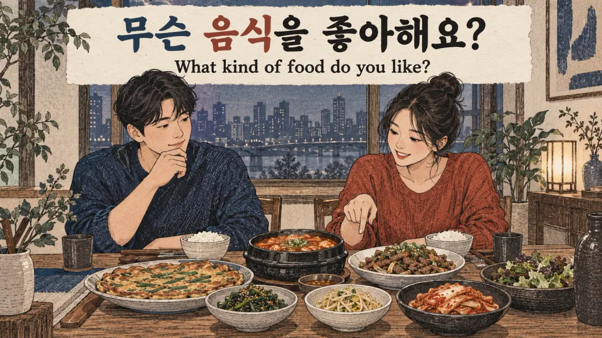 Friends discuss food with 무슨 음식을 좋아해요? and its English meaning.
