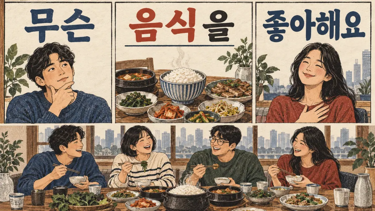 무슨, 음식을 and 좋아해요 form a food-preference question above a shared meal.