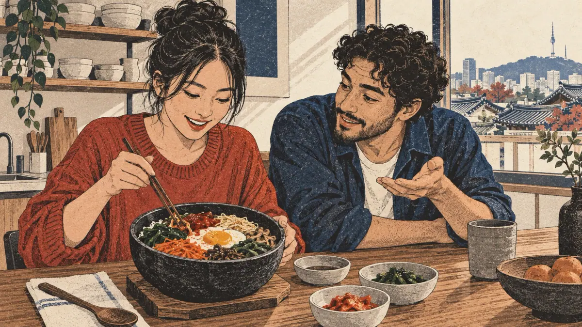 Friends discuss a bibimbap bowl in a Seoul kitchen.