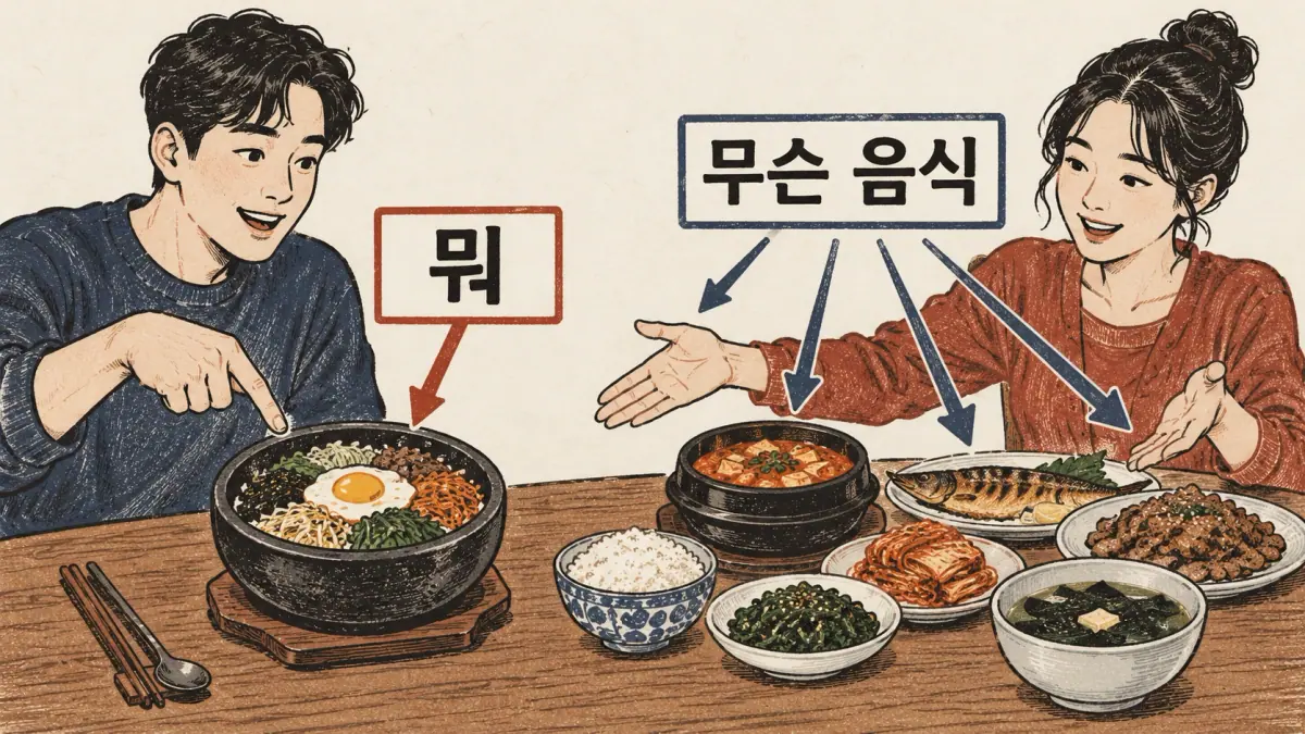뭐 points to one bowl; 무슨 음식 points to several Korean dishes.