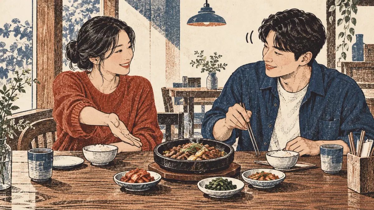 A friend invites another to eat; the listener nods before sharing food.