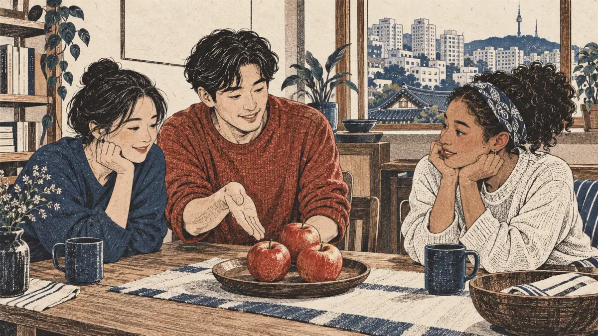 Three friends count apples at a Seoul apartment table.