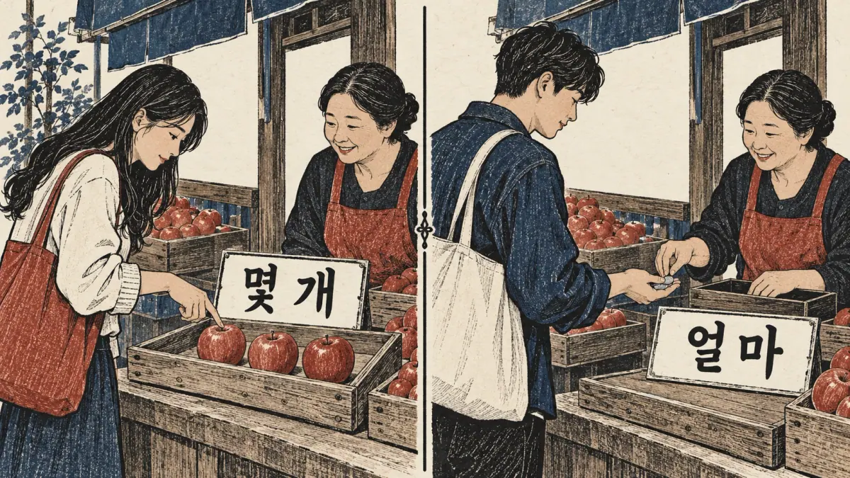 Apples and payment compare 몇 개 with 얼마: counting items versus asking a price.