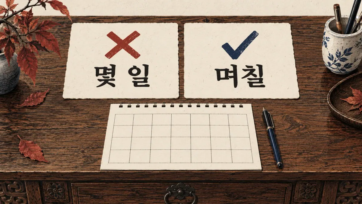 Paper cards mark 몇 일 wrong and 며칠 correct beside a blank calendar.