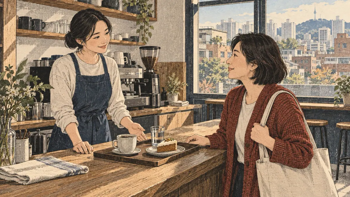 A café worker gently asks a customer whether they need anything else.