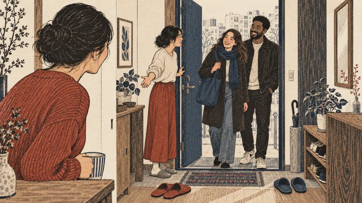 Hosts welcome two adult friends at a Seoul apartment door.